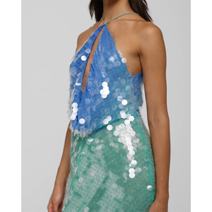 2025 New Arrival Backless Extreme Cowl Deep Neck Halter Mini <strong>Dress</strong> for Night Evening <strong>Blue</strong> Green Ombre Blend Sequin <strong>Dress</strong> - Product Image 3