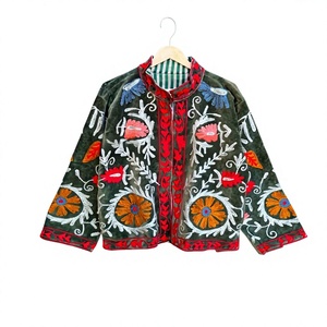 Hand Embroidered Velvet Jacket Floral Pattern Mandarin Collar Full Sleeve <b>Women's</b> <b>Coat</b> Cotton Lining Winter Style - Product Image 1
