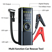 Démarreur de voiture portable avec compresseur d'air, écran numérique, lumière d'urgence LED, pompe à air multifonctionnelle pour pneus de voiture