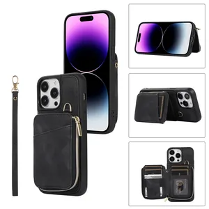 Luxury Leather Phone Case Back Zipper Flip Wallet Card Holder Cover Lanyard For Iphone 11 12 13 14 Pro Max For Samsung