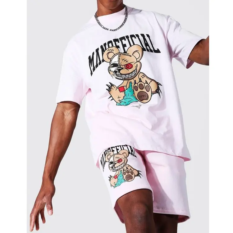 Erkek yaz pamuk rahat büyük boy balıkçı yaka T-shirt şort 2 parça Set erkekler özel Logo grafik baskı Tee gömlek şort takımı