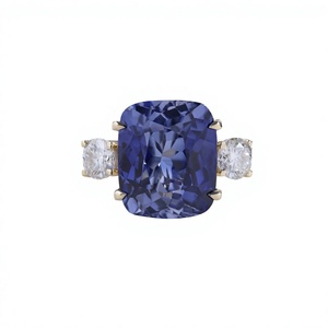 Anillo de Coctel Vintage Azul con Acento Redondo Brillante y 3 Piedras Doradas, Joyería de Aniversario - Product Image 1