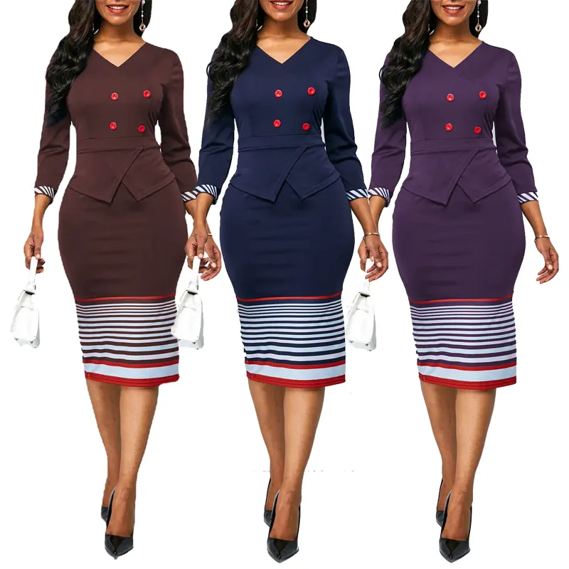90428-MX80 Discounting Casual Long Sleeve Modest Striped Office Ladies Dresses Women