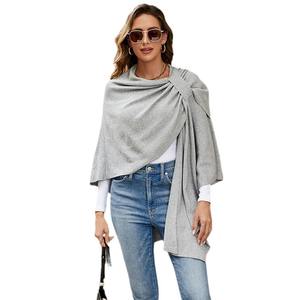 Poncho Lungo Grigio Invernale da Donna, <span class=keywords><strong>Scialle</strong></span> in Poliestere <span class=keywords><strong>con</strong></span> <span class=keywords><strong>Collo</strong></span> <span class=keywords><strong>Cardigan</strong></span> per l'Autunno - Product Image 4