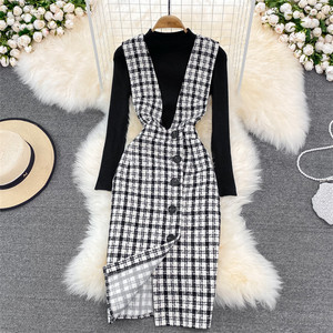 Costume à carreaux en laine femmes <span class=keywords><strong>2022</strong></span> automne et hiver nouveau tempérament taille mince sangle robe deux pièces ensemble - Product Image 2