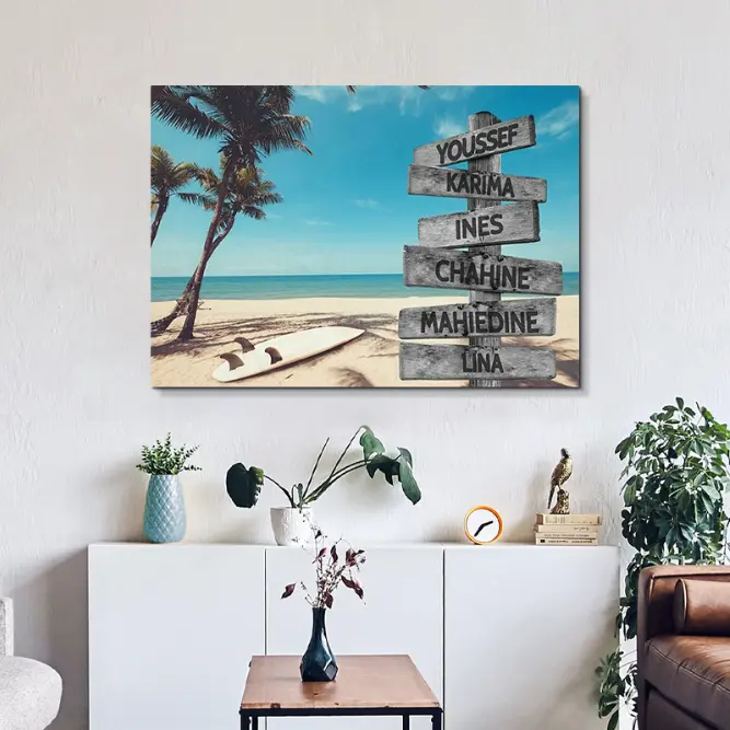 Gambar dekorasi personalisasi Multi nama Ocean Breeze kustom seni kanvas pantai & warna pantai matahari terbenam