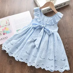 Robe d'été bleue pour fille, vêtements de cérémonie pour bébé, avec nœud papillon, broderie, gilet, vêtements mignons pour enfants