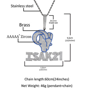 Collier Hip-Hop Rap personnalisé avec pendentif tête de chèvre en émail rhodié bleu, lettres, nouveau, entièrement serti de CZ, baguette, chaîne en corde - Product Image 4