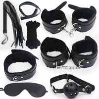 Ensemble de Bondage BDSM 7 Pièces avec Menottes et Contraintes de Cheville, Fouet, Corde, Baillon et Bandeau, Kit Fétichiste en Cuir pour Jeux de Couples