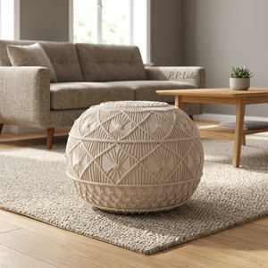 Pouf ottoman en macramé 100% coton, grand modèle, design moderne, multicolores, pour salon, chambre, appartement, extérieur, maison, salle à manger - Product Image 2