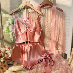 Chuangerm Disponibile 2026 Nuovo Set Loungewear 3 Pezzi da <span class=keywords><strong>Donna</strong></span>, Pigiama Sottile con Spalline, Pantaloni, Vestaglia in Pizzo, Accappatoio Sexy per Casa - Product Image 2