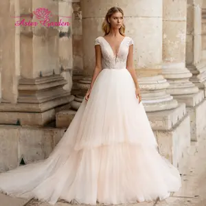 Aster garden Wedding Dress 2021 Elegant V-Neck Short Backless Bride Champagne Beaded Tulle A-Line Bridal Gown Vestido De Novia