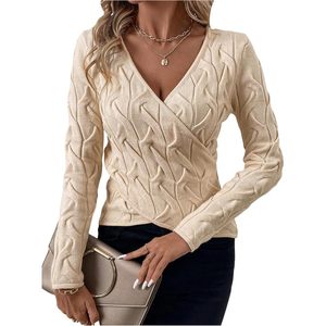 Suéter de punto trenzado con cuello en V para mujer, manga larga, cruzado, elegante, para otoño - Product Image 1
