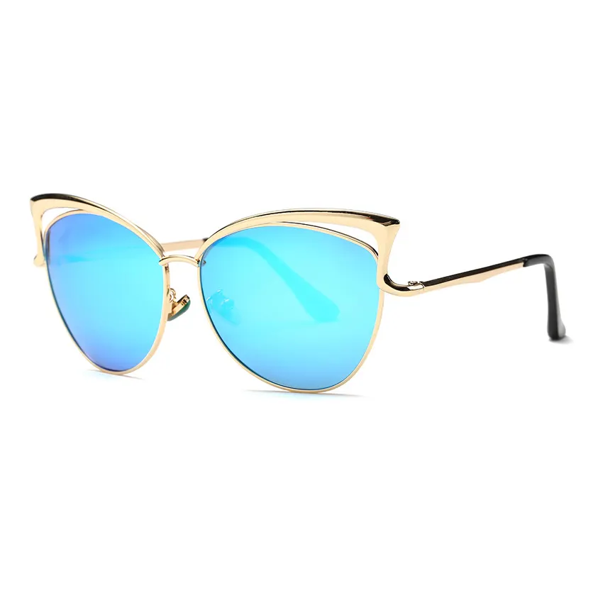 Blue mirror Metal embellished polarized female cats eye sunglasses women standard glasses sun