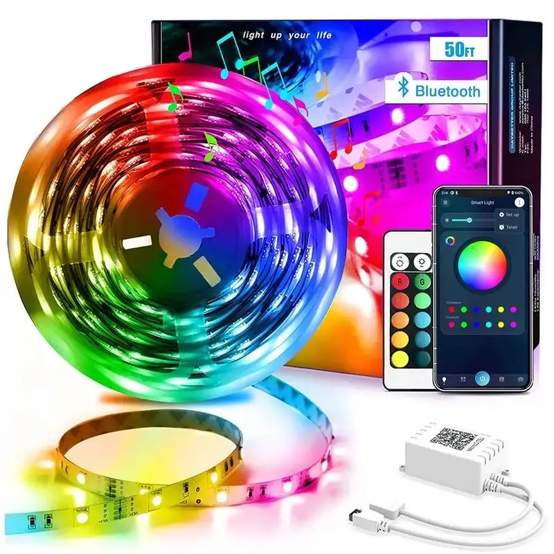 Tira de led 5050rgb ativado por voz, conjunto de luz musical com bluetooth, aplicativo 5 metros/10 metros de profundidade, à prova d' água