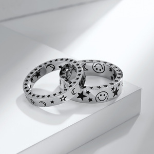 Instagram-worthy creative star and smiley face titanium steel <b>rings</b>, trendy unisex accessories, star and moon <b>couple</b> <b>rings</b>. - Product Image 2