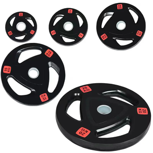 Plaques de poids personnalisées avec logo, 5 kg, 10 kg, 15 kg, 20 kg, 25 kg, plaques de poids <span class=keywords><strong>en</strong></span> <span class=keywords><strong>fonte</strong></span> revêtues de caoutchouc, disques de poids pour haltères, trois poignées, prix d'usine - Product Image 5