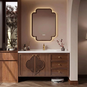 Chinese Style Bathroom <b>Vanity</b> Cabinet With Ceramic Basin Led <b>Mirror</b> 60 In Solid Wood Floor Standing Dark Finish - Product Image 1