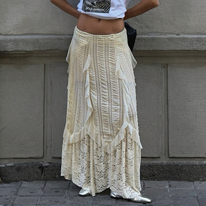 Jupe longue en maille unie respirante avec dentelle naturelle, style chic d'été pour femme, prix bas, vente en gros, style vacances à la plage, transparente - Product Image 2