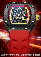 Montre à quartz avec logo personnalisé pour homme, montre squelette tonneau, texture en fibre de carbone, boîtier fin, cadran lumineux, bracelet en silicone étanche