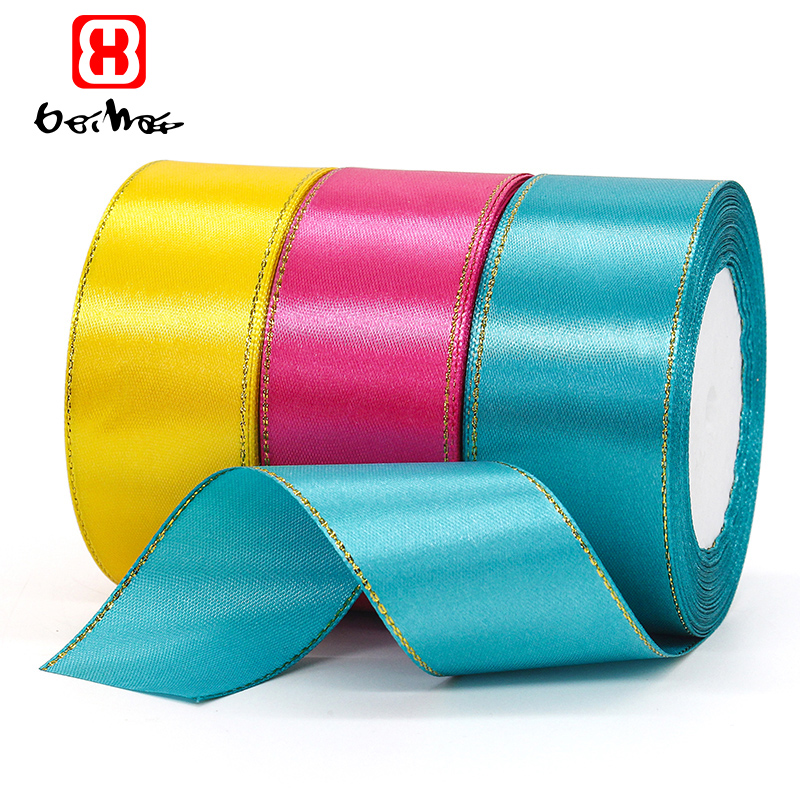 Wholesale Gift Ribbons 100%Polyester 38 mm Solid Color Single Face Satin Ribbon With Gold Trim on Both Side Gift Christmas for