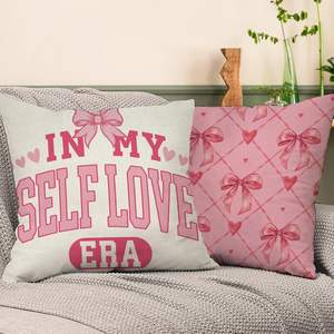 Funda de Almohada con Lazo Rosa, Diseño Estético de Corazón de Cereza para Decoración del Hogar de Niñas, Diseño de Cuadrícula a Rayas en la Era de Mi Amor Propio - Product Image 3