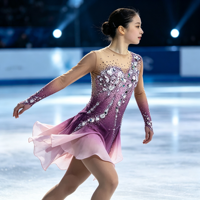 Robe de patinage artistique à manches longues en maille dégradée violet-rose, avec grand strass, dos en V et mousseline ondulée pour performance