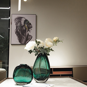 Green a Pair Big Small Handmade <b>Tall</b> Double Layer Ribbed <b>Glass</b> <b>Vases</b> for Home Decor - Product Image 5