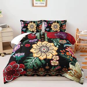 Ensemble de couettes 3 pièces de style ferme bohème moderne en microfibre polyester jetable noir imprimé fleurs Paisley - Product Image 1