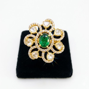 925 Silver Emerald Kundan Floral <b>Ring</b> <b>Gold</b> Adjustable Statement Flower Design Jewelry for Women Party Wear Style - Product Image 2
