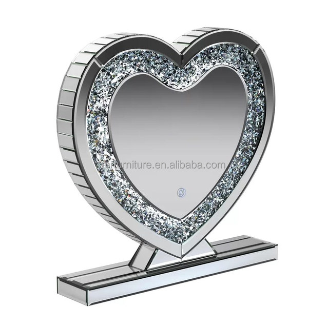 Fashionable Sparkly Crush Diamond Silver Frame Table Mirror Heart Shape Glam Beveled Led Light Vanity Mirror for Dresser