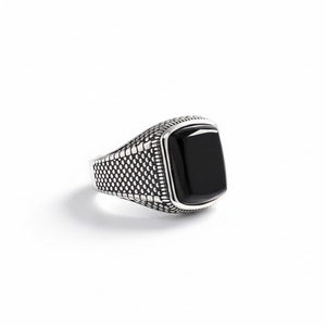 Men's Geometric Black Agate <b>Ring</b> Silver <b>Adjustable</b> Wide Band Bezel Setting Jewelry Gift - Product Image 2