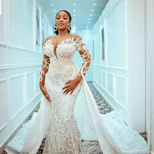 Nouvelle Robe de Mariée Sirène Africaine de Luxe, Style Modeste, Sexy, Col en V Profond, en Dentelle, Personnalisable, Épaules Dénudées - Product Image 2