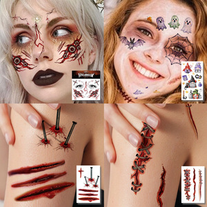 8 feuilles de tatouages temporaires réalistes pour Halloween, motif monstre, plaies sanglantes cousues, griffures, autocollants de <span class=keywords><strong>tatouage</strong></span> factices imperméables - Product Image 2