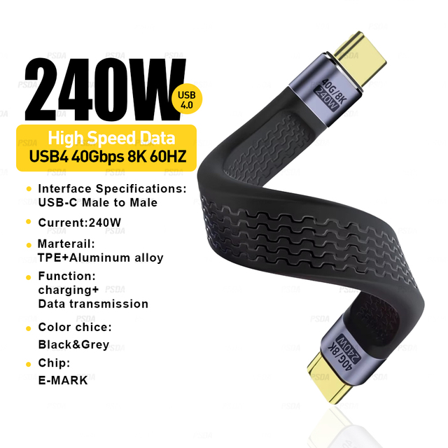 240W USB4.0 Fast Charging Short Cable 40Gbps USB Type C Male to Male Flat Data Short Cable 8K 60Hz Audio/Video48V/5A Charging