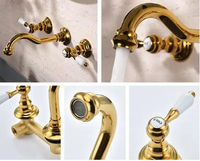 Vintage Antique Golden mural 3 trous double poignée mitigeur chaud et froid dissimulé salle de bain lavabo robinet
