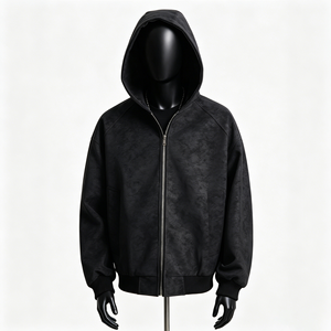 Giacca Invernale da Uomo in Pelle PU Nera con Zip e Cappuccio, <span class=keywords><strong>Oversize</strong></span>, Stile Streetwear, <span class=keywords><strong>Bomber</strong></span> con Polsini e Orlo a Costine, Logo Frontale con Motivo a Lettere - Product Image 1