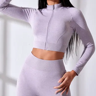 2022 Hot Fall Long Sleeve Zip Cropped Top Leggings Women's Two Piece Yoga Exercise & Fitness Set