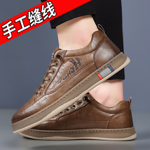 Chaussures décontractées en cuir à lacets pour hommes, bout rond, respirantes, baskets tendance automne, couleur unie, semelle en caoutchouc, détail à bande - Product Image 3