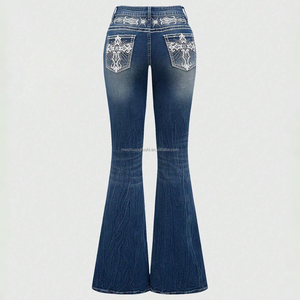 Jeans évasés personnalisés avec strass pour femmes, pantalon en denim vintage brodé en croix, taille haute, coupe <span class=keywords><strong>bootcut</strong></span>, fabricant OEM - Product Image 4