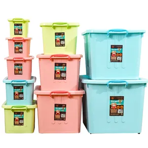 Caja de almacenamiento de plástico con tapas y ruedas, organizador multiusos, grande, colorida, pestillo de lavandería, 6,5l-250L
