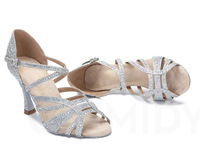 Chaussures de danse latine en satin perlé pour femmes, talons hauts scintillants avec strass, semelle en daim souple, sandales de salsa, bachata et danse de salon