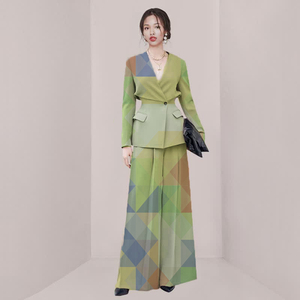 春季新款纯色V领纽扣腰上衣垂坠大阔腿裤女套装2件套 - Product Image 2