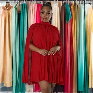 2024 Women's Casual Dresses Explosive Solid Color Bat-Sleeve Pleated Loose Chiffon New Arrival