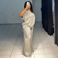 Ensemble pantalon long et haut rayé à col en V ample et décontracté pour femme, collection été 2025, style européen