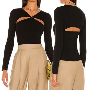 เสื้อสเวตเตอร์แขนยาวคอวีเซ็กซี่สำหรับผู้หญิงทันสมัย สีดำ ผ้าถักริบบ์ - Product Image 5