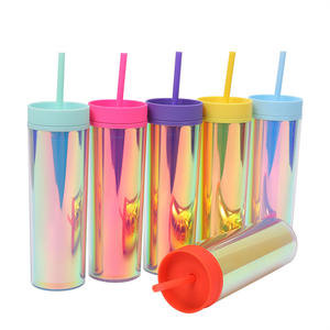 Gobelets minces en <span class=keywords><strong>plastique</strong></span> de 16oz à double paroi, tasses à café glacé de voyage réutilisables et colorées, tasses à eau pour fête, cadeaux de bricolage - Product Image 1