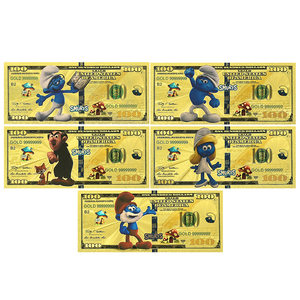 5 billets de banque en feuille d'or Model S_smurff 15x7,1 cm, double face, personnages de dessins animés bleus mignons, jouet cadeau, objets de collection manga - Product Image 1