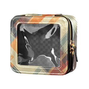 Bolsa de Maquillaje Vintage de Cuero a Cuadros con Ventana Transparente, Organizador de Artículos de Aseo Portátil para Viaje, Bolsa Cosmética Pequeña para el Bolso - Product Image 1