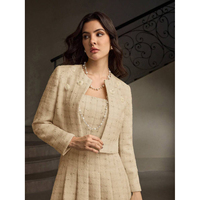 Fabricant OEM ODM sur mesure, ensemble deux pièces en tweed kaki pour femmes, veste courte, robe mi-longue plissée sans manches, hiver, marque privée